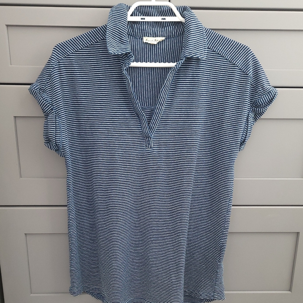 Striped Blue Polo-Style Women's Top